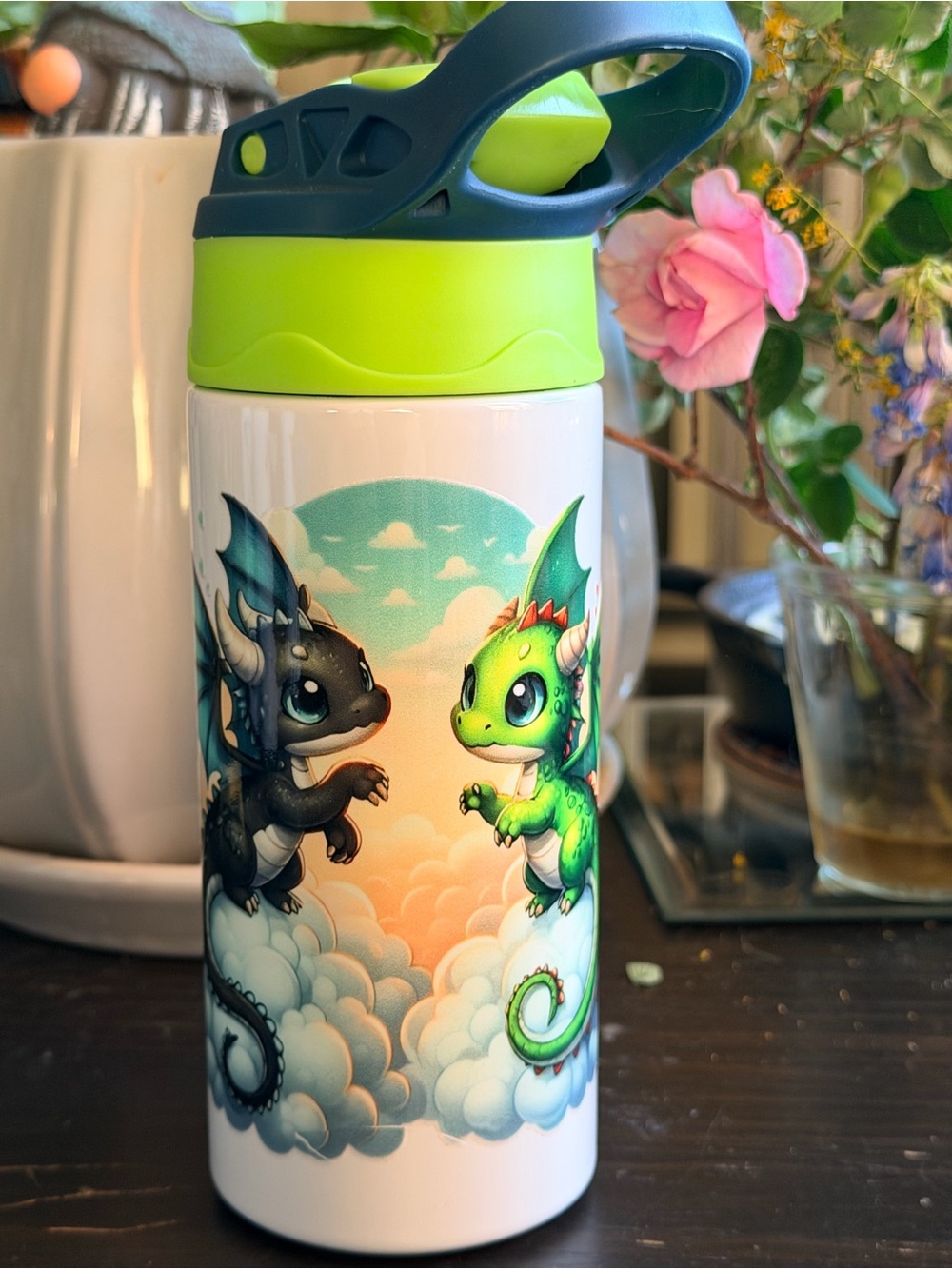 Kids Tumbler Black Green Baby Boy Dragons Stainless Steel Water Bottle NOT Vinyl